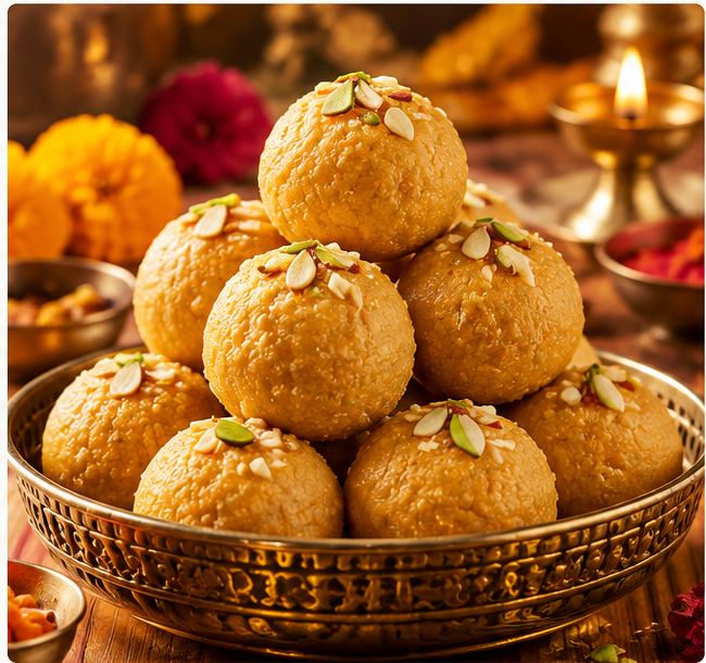 Besan laddoos in a brass bowl for Chetna’s Delicacies