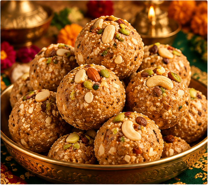 Atta dryfruit laddoos with nuts for Chetna’s Delicacies